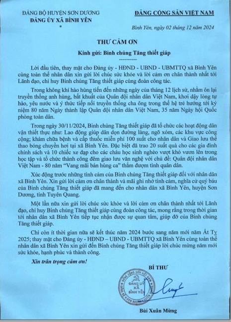 Thư cảm ơn của Đảng ủy xã Bình Yên gửi Binh chủng Tăng thiết giáp